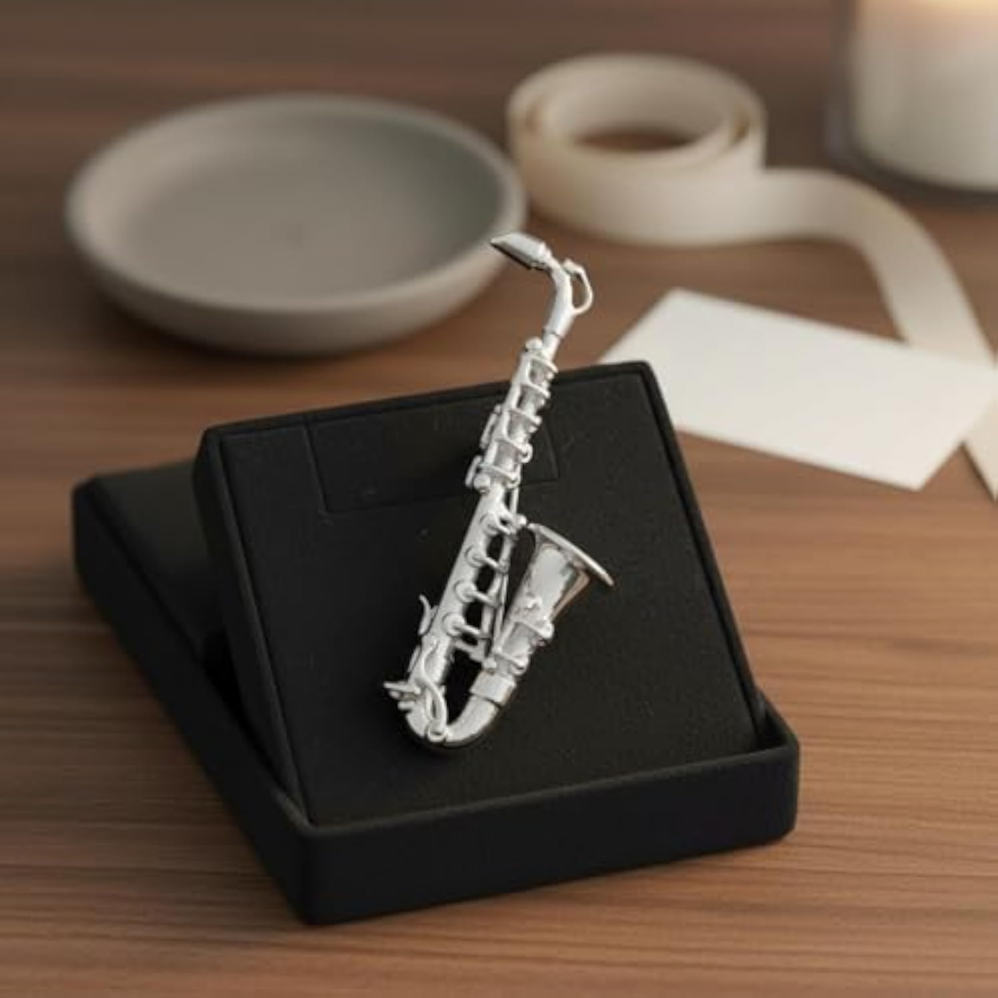 Miniature Saxophone Brooch, Polished Metal Music Clasp